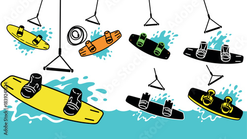 Colorful wakeboard design collection with splash elements