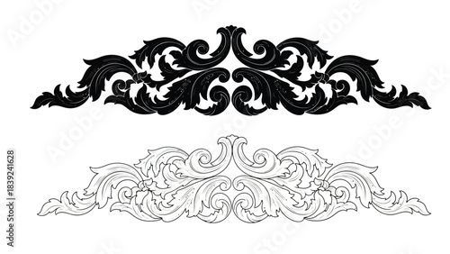 Elegant ornamental designs a black flourish above a white sculpted pattern