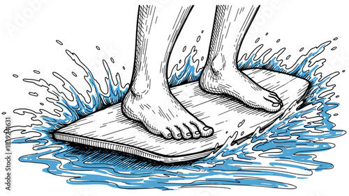Surfing adventure in sketch style: dynamic waves and feet on a surfboard