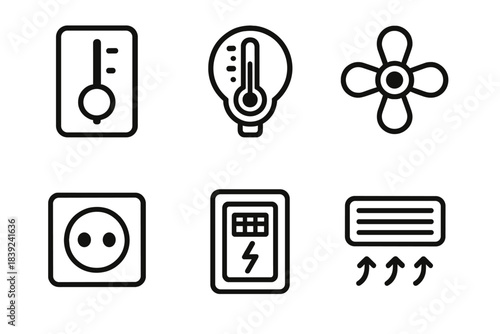 Home Utility Icons. Home Utility Set linear set: dimmer slider, temperature gauge, faucet handle, power socket, fuse box, airflow vent.