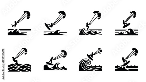 Dynamic water sports: kite surfing adventure silhouettes on ocean waves