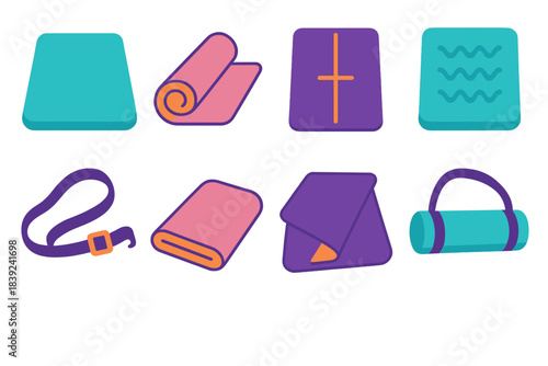 Minimalistic Yoga Mat Icons. Comfort-focused yoga mats flat set: padded mat, non-slip roll, alignment guide bar, textured grip tile, carry belt, foam ridge, stability corner, mat