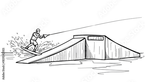 Dynamic wakeboarding stunt on water ramp in linear sketch style