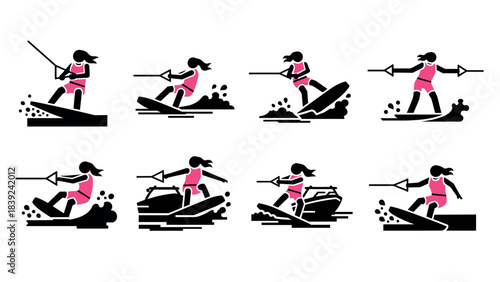 Water skiing silhouette collection: dynamic female poses capturing watersport action
