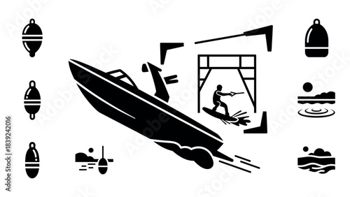Dynamic silhouette of water sports with speedboat and wakeboarding elements