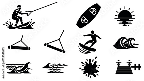 Wakeboarding adventure icons: watersport silhouettes and wave designs for a dynamic nautical collection