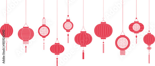 Red Chinese lanterns hanging in various traditional shapes, minimalist festive illustration for Lunar New Year celebration and Asian cultural holiday decor