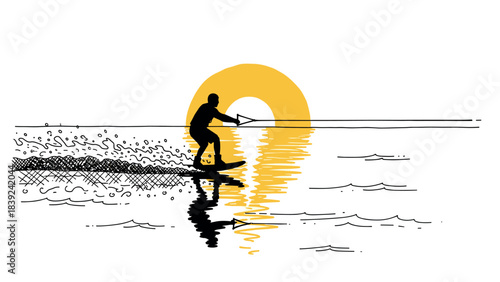 Surfing at sunset: silhouette against a golden sun reflection