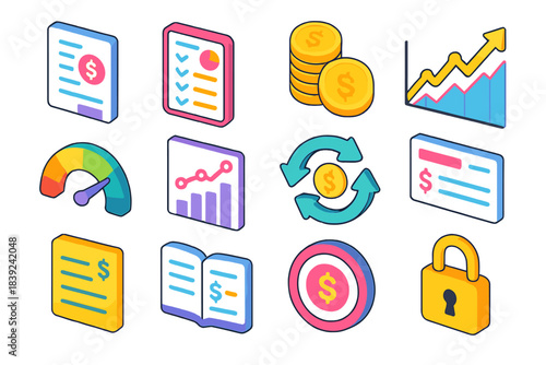 Modern Financial Icons. Money Profile Components isometric flat set: wage document, expense tracker, savings coin pile, market trend line, credit indicator, loan chart, cash cycle