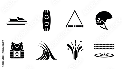 Water sports activities icons: jet ski, wakeboard, surfing, and more