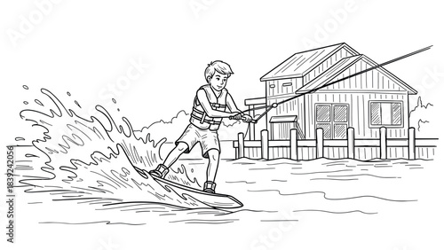Young boy wakeboarding in front of lakeside house - black and white line art