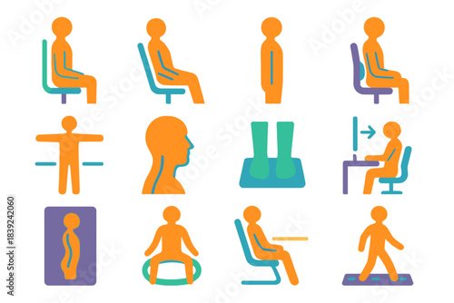 Ergonomic Symbol Set. Ergonomic Alignment Symbols flat set: straight-back marker, seat-angle guide, shoulder-drop reminder, lumbar support pad, balanced stance icon, head–neck