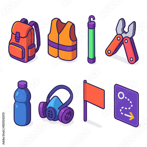 Evacuation Essentials Icons. Evacuation Essentials Set isometric flat set: packed backpack, safety vest, glow stick, multi-tool, water bottle, protective mask, signal flag, route