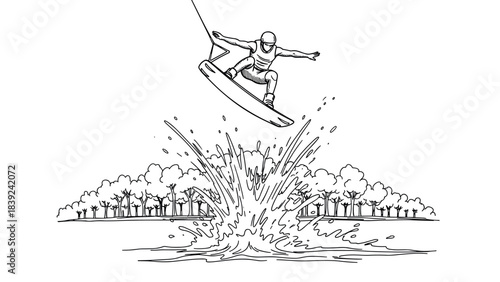 Dynamic water sports adventure featuring a thrilling wakeboarding moment with line art style