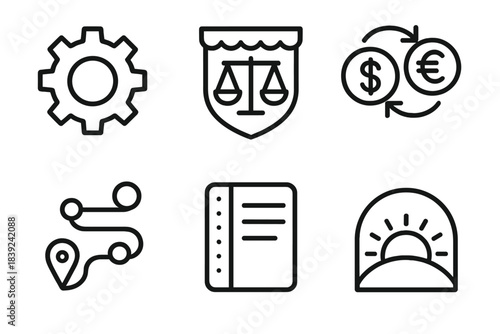 Historical Icons Collection. Historical Development Motifs linear set: early innovation gear, governance seal, trade exchange token, exploration path, written record panel,