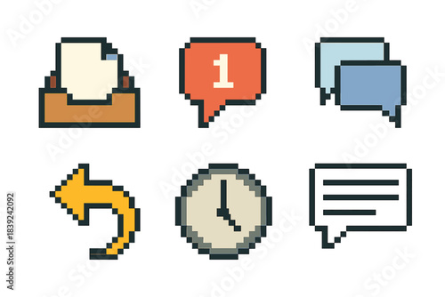 Workflow Icons Set. Reply Workflow pixel style set: inbox tray, notification bubble, conversation thread, follow-up arrow, timestamp, message panel.