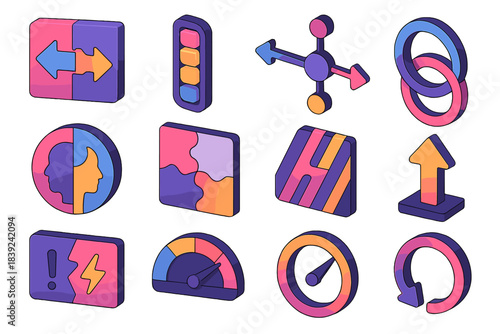 Inner Conflict Icons. Inner Conflict Themes flat isometric set: opposing-thought tile, cognitive tension bar, belief misfit node, conflict ring, mental-duality dot, contradiction