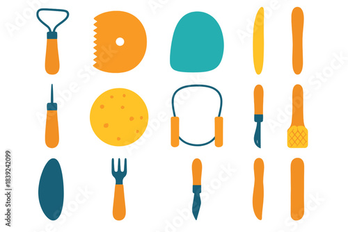 Clay Tool Icons. Hand-Building Clay Set flat set: ribbon carving tool, serrated rib, flexible scraper, wood shaping stick, needle tool, wet sponge, clay slicing wire, texture plate