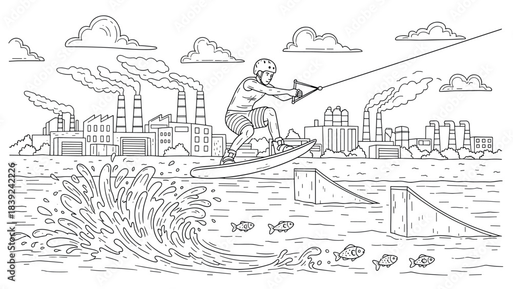Naklejka premium Wakeboarding adventure in industrial landscape with geometric style