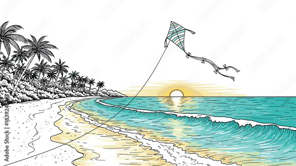 Fototapeta premium Ocean sunset with kite on tropical beach in hand drawn style