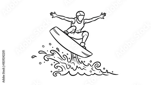 Dynamic black and white wakeboarder in action with splashing waves