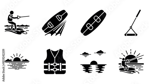 Wakeboarding adventure icons: silhouettes of water sports enthusiasts and gear