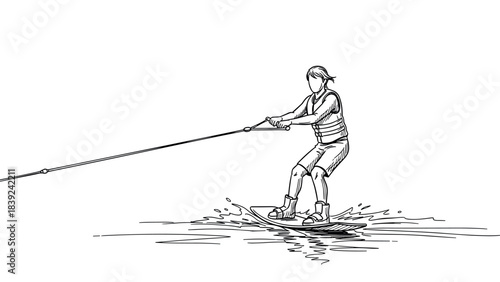 Dynamic wakeboarding scene: black and white line art of wakeboarder in action