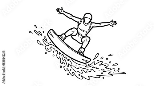 Dynamic line art of a wakeboarder performing a trick with splashing water