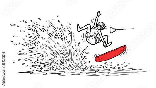 Dynamic wakeboarding stunt: energetic line art of surfer in action