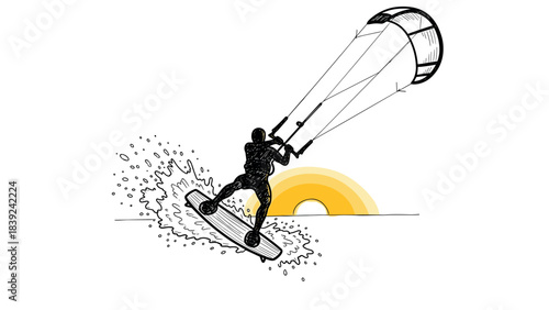 Kitesurfer silhouette against a sunset background