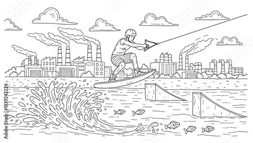 Wakeboarding adventure in industrial landscape with geometric style