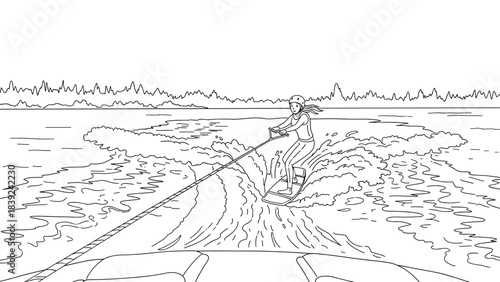 Line art of woman wakeboarding behind boat on serene lake