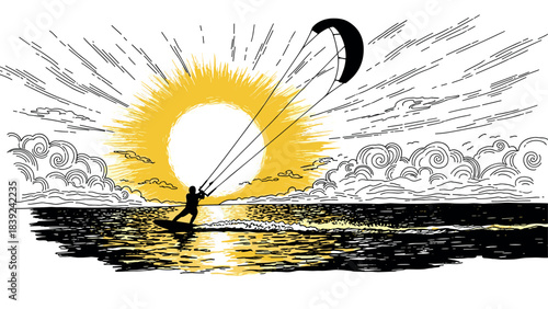 Dynamic kiteboarding adventure at sunset in hand drawn style with dramatic sunburst