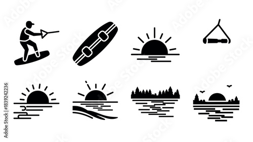 Wakeboarding and sunset silhouette icons collection for summer adventure themes