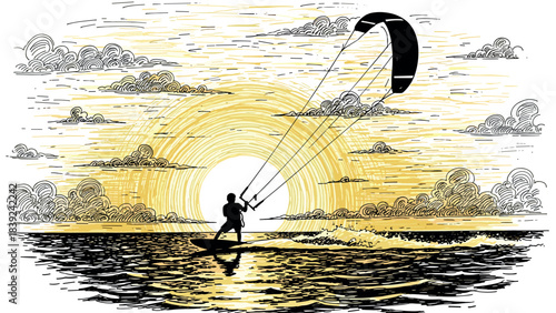 Kitesurfer at sunset: dynamic line art over ocean waves and golden sky