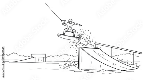 Dynamic wakeboarding scene with rider performing tricks on ramp in ink style