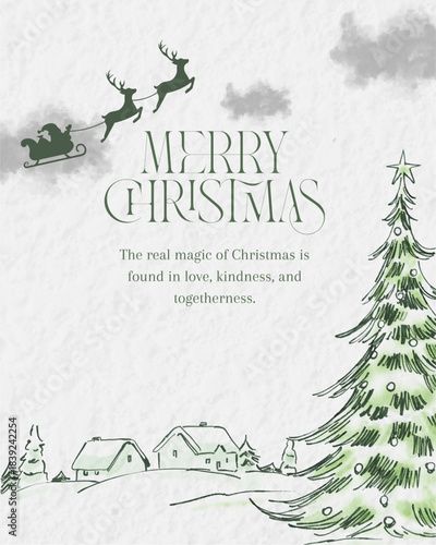 Festive Christmas Village Illustration with Santa Sleigh, Decorated Tree, and Heartfelt Holiday Message