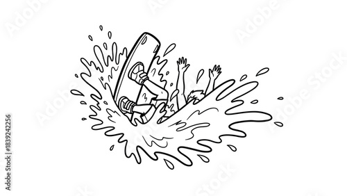Dynamic splash of a wakeboarder falling into water outline drawing