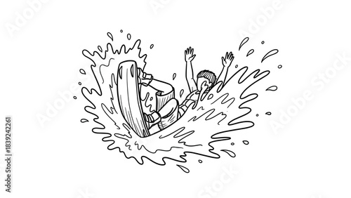 Exciting black and white cartoon of surfer splashing into water