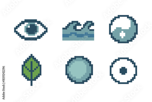 Mindfulness Pixel Icons. Mindful attention set pixel style set: open eye, calm wave, breathing circle, mindful leaf, clarity orb, centered dot.