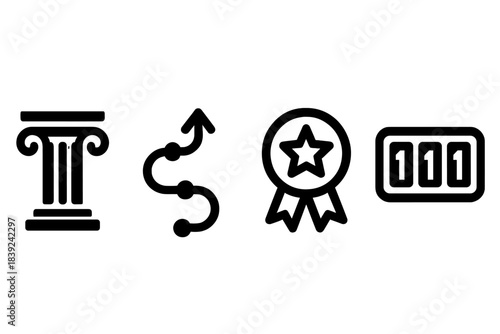 Regulation Icons Set. Accountable Regulation Schemes silhouette set: oversight pillar, traceable pathway, integrity counter.