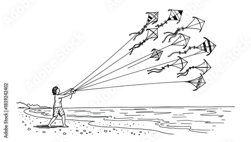 Child flying multiple kites on beach: black and white sketch scene