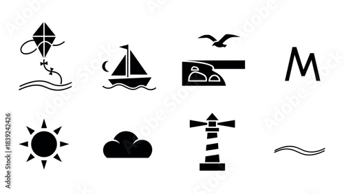 Coastal icons set: nautical elements in black silhouette for minimalist design
