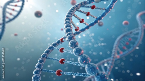 An abstract representation of DNA strands, featuring a blue and red color scheme, illustrating the complexity of genetic material in a scientific context.
