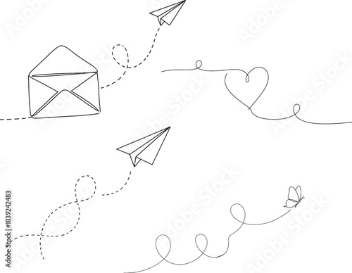 Hand drawn illustration of paper airplanes and envelopes connected by lines
