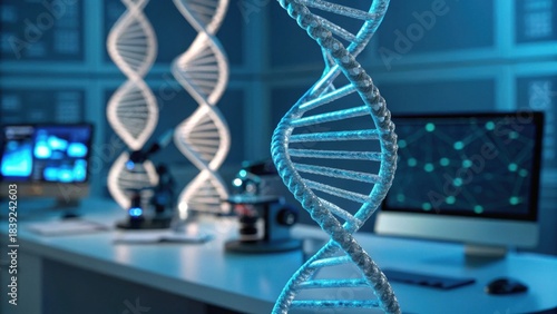 A high-tech laboratory featuring DNA models, computers, and scientific equipment in a blue-lit environment.