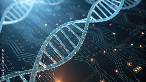 A futuristic depiction of a DNA double helix intertwined with circuit patterns, symbolizing the intersection of biology and technology.