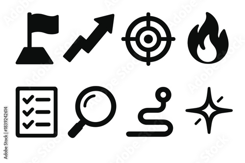 Bold Motivation Icons. Motivation & Focus Set silhouette set: goal flag, rising arrow, focus target, determination flame, checklist card, clarity lens, steady path, uplift spark. [