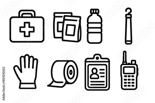 Preparedness Icon Set. Readiness resource icons linear set: emergency box, meal pouches, water bottle, glow stick, sturdy gloves, first aid roll, ID packet, communication radio.