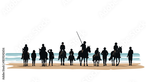 Equestrian group on beach at sunset with silhouette style art
